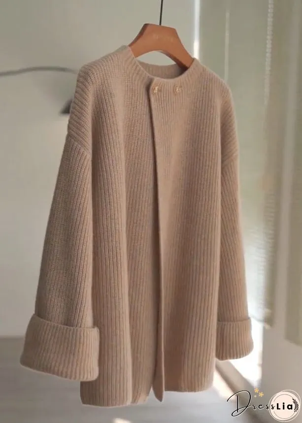 Loose Khaki O Neck Button Patchwork Cotton Knit Tops Fall