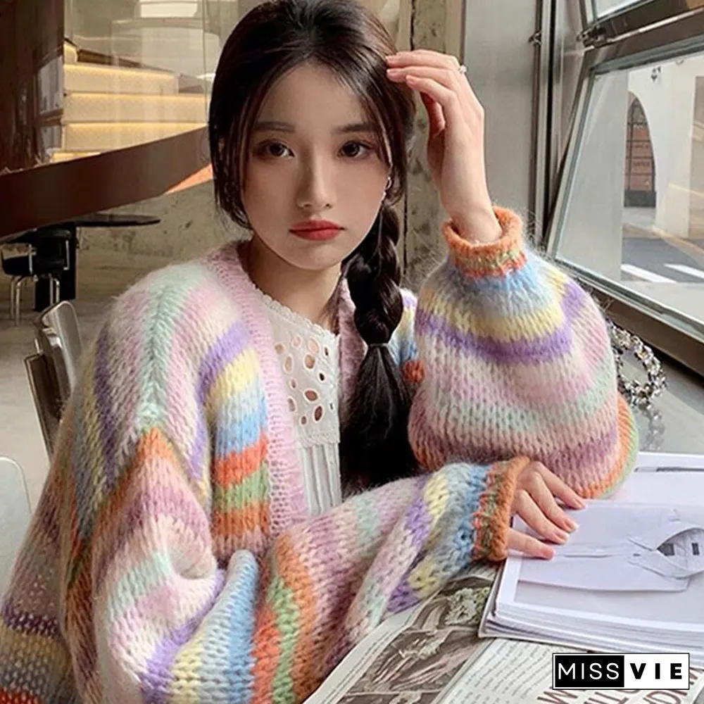 Colorblock Stripe Rainbow Knit Cardigan Sweater