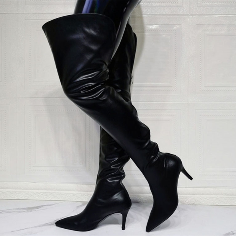 GOOSHOE Big Solid Black Over Knee High Boots Thin High Heel Pointy Toe Back Zipper Women's Thigh High Boots Long Size 45