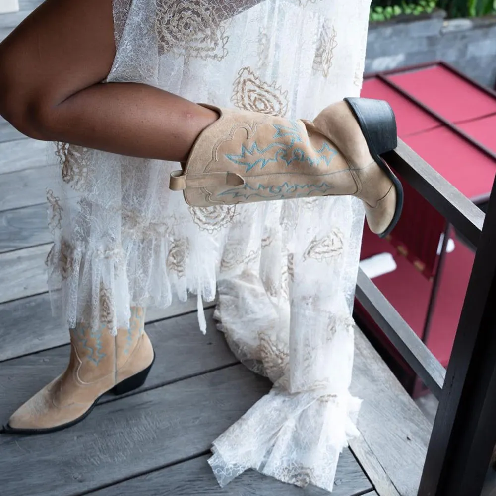 Nude Snip Toe Blue Stitching Chunky Heel Cowboy Boots for Women