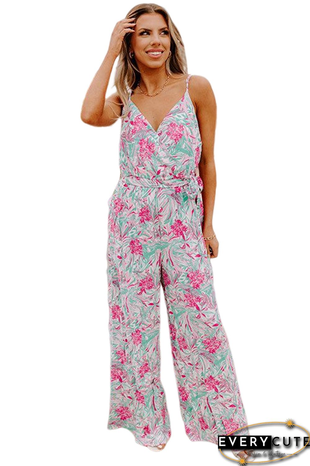 Sky Blue Floral Print Knotted High Waist Sleeveless Jumpsuit