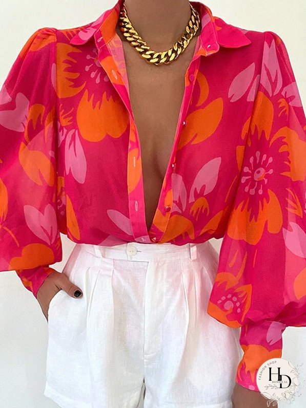 Blouses Loose Print Button Balloon Sleeve Blouse for Women