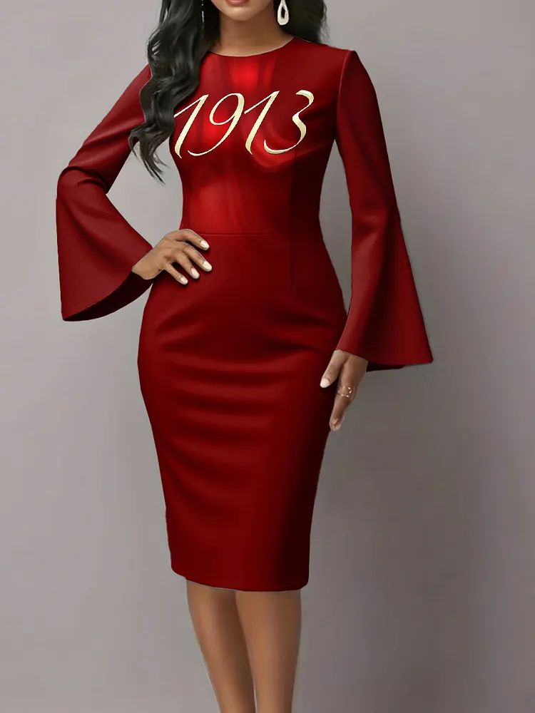 Women's Fashion Red Sisterhood Art Print Flared Sleeves Midi Bodycon Dresses
