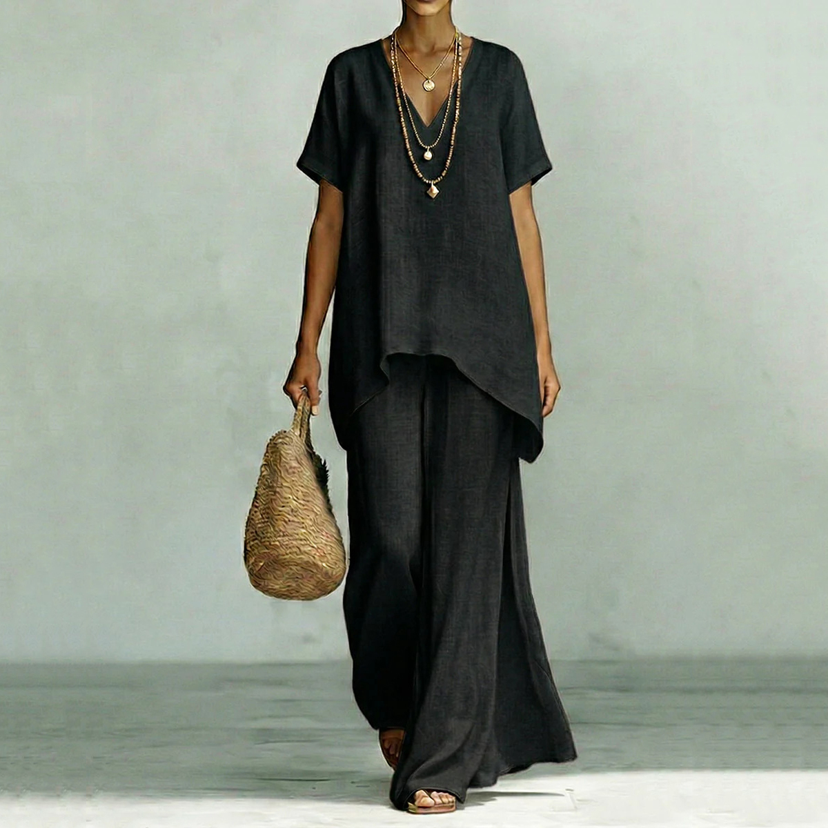Linen V-neck Short-sleeved Loose Top And Wide-leg Pants Two-piece Set elevenforest