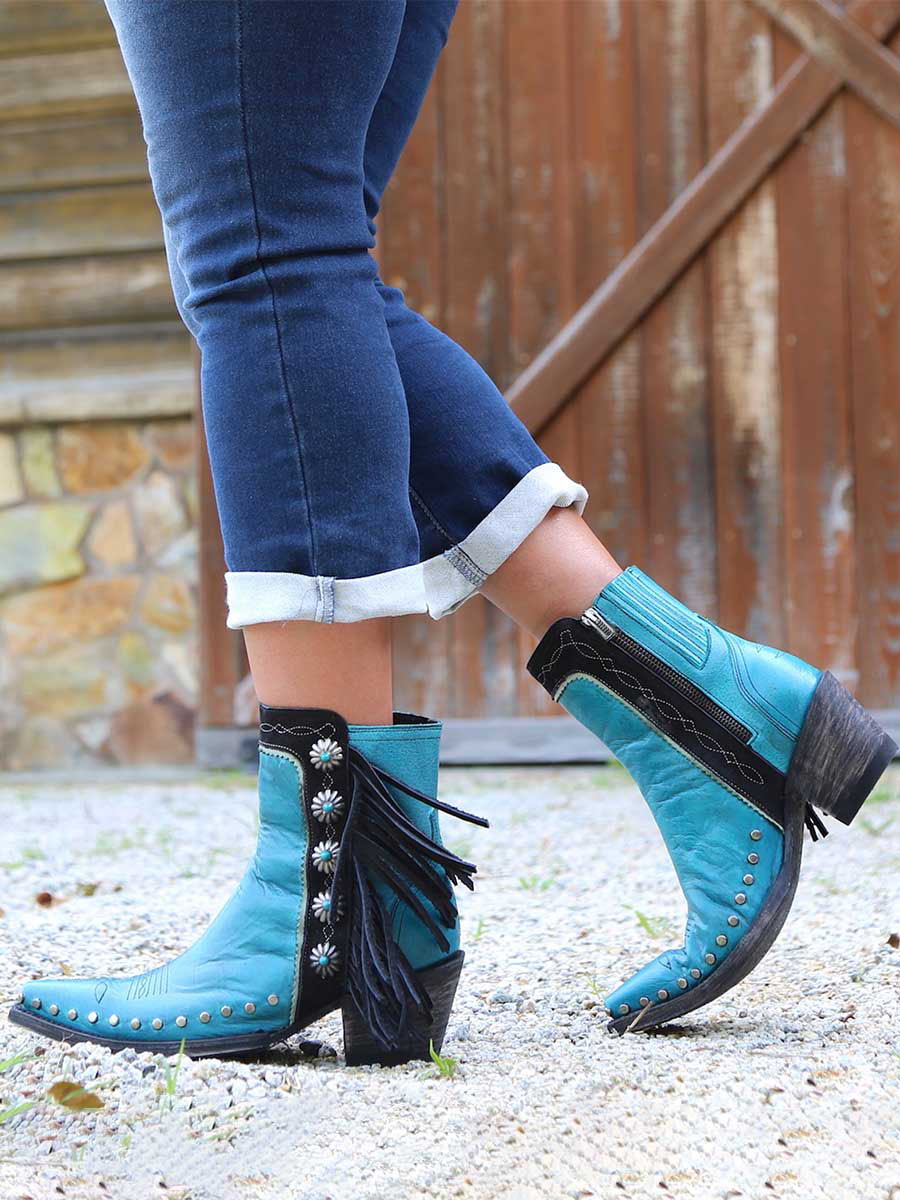 Blue Snip Toe Fringe Booties Chunky Heel Studded Zipper Western Boots