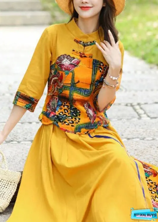Stylish Yellow O-Neck Print Top And Skirts Two Piece Set Fall