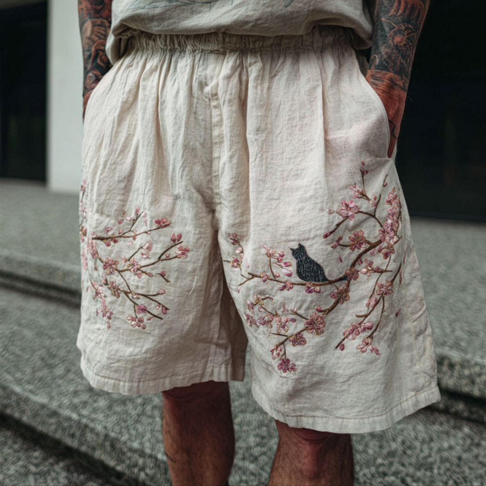 Japanese-style Cherry Blossom And Cat Art Embroidered Washed Shorts elevenforest