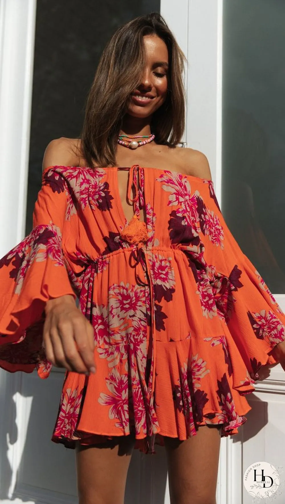 Carrot Floral Off Shoulder Withdraw Rompers