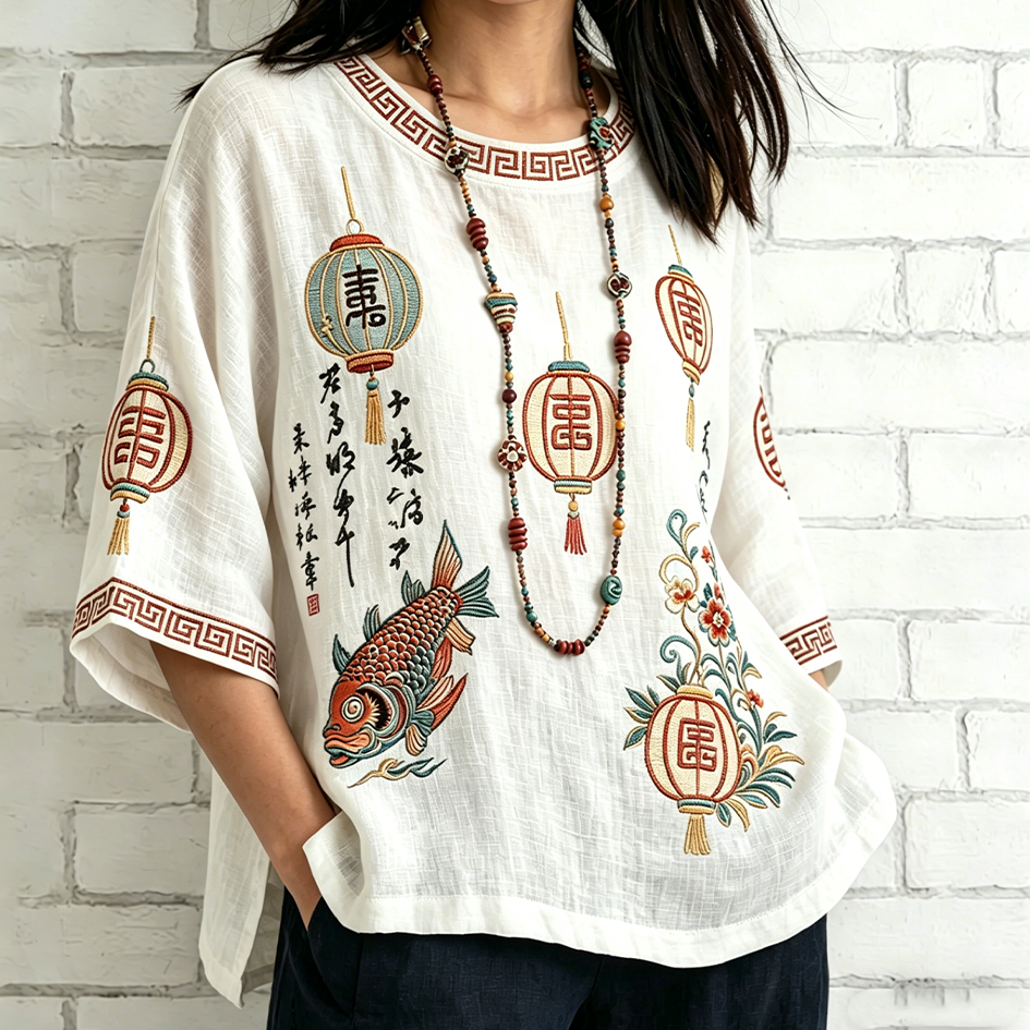 Comstylish Japanese Art Lady Retro Pattern Casual Linen Top