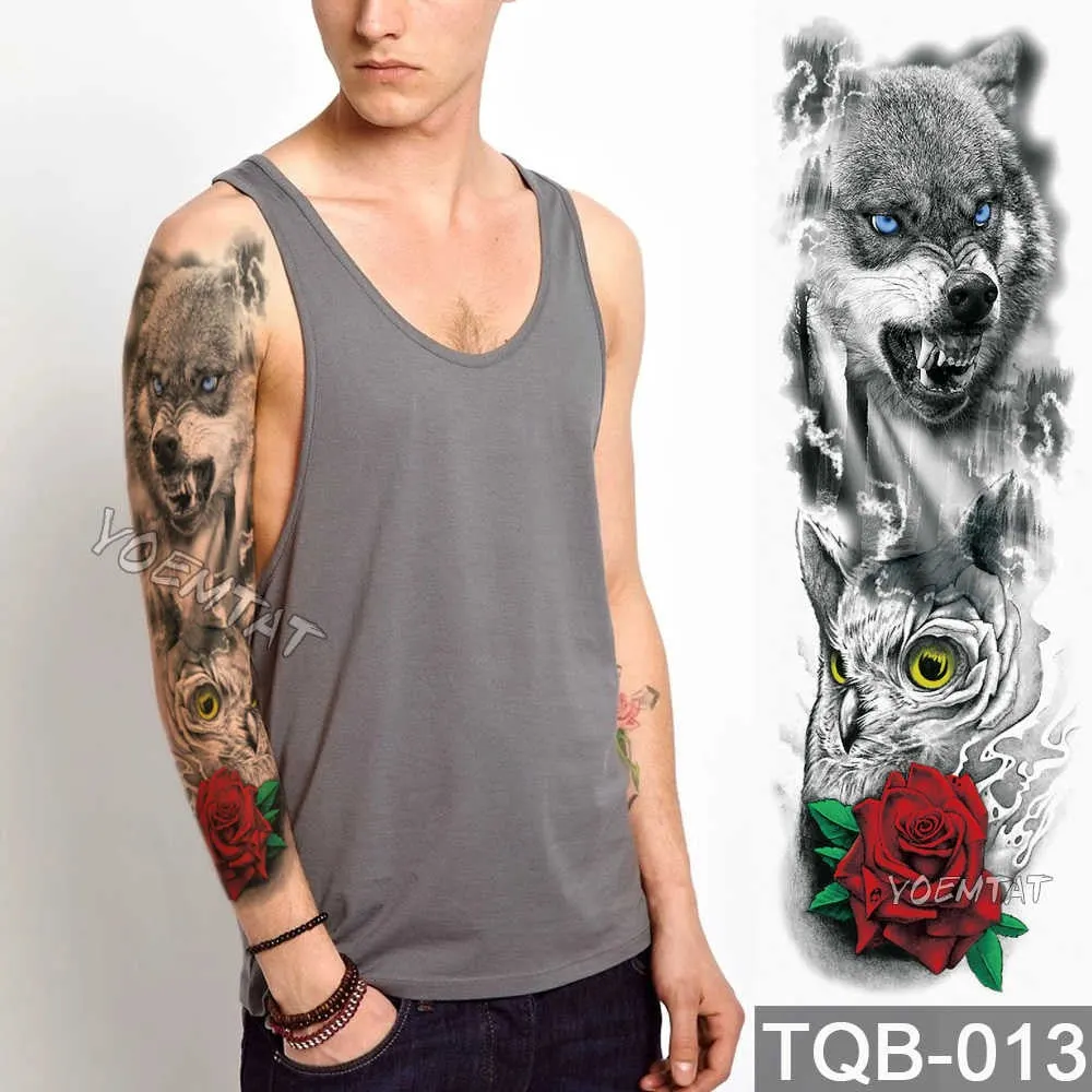 Large Arm Sleeve Tattoo Sketch Lion Tiger Waterproof Temporary Tattoo Sticker Crow Warrior Soldier Men Full Skull Totem Tattoo