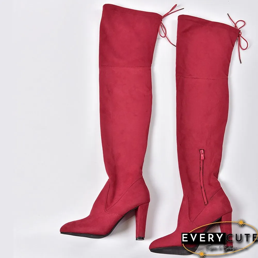 New Women's Over Knee High Boot Lace Up High Heel Faux Suede Long Thigh Boots Shoes Black Gray Red Plus Size