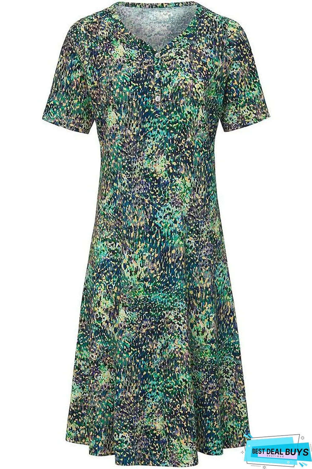 Vintage Print Buttoned V-Neck Paneled Midi Dress