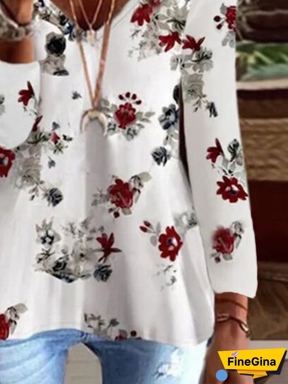 Vintage Floral Printed V Neck Long Sleeve Plus Size Casual Tops