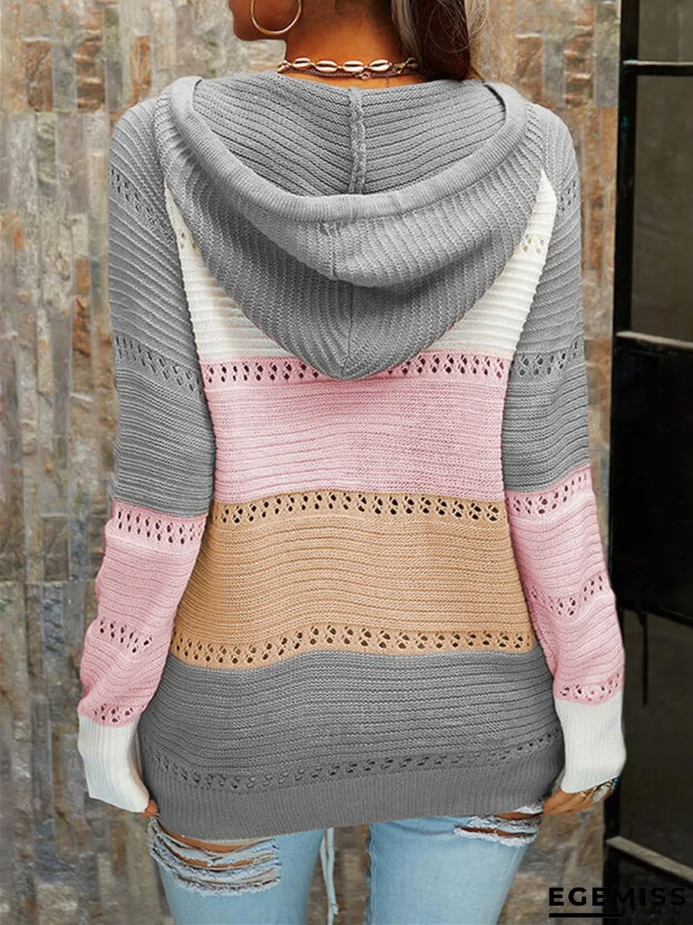 Cardigan Strap Long Sleeve Contrast Color Stitching Sweater | EGEMISS