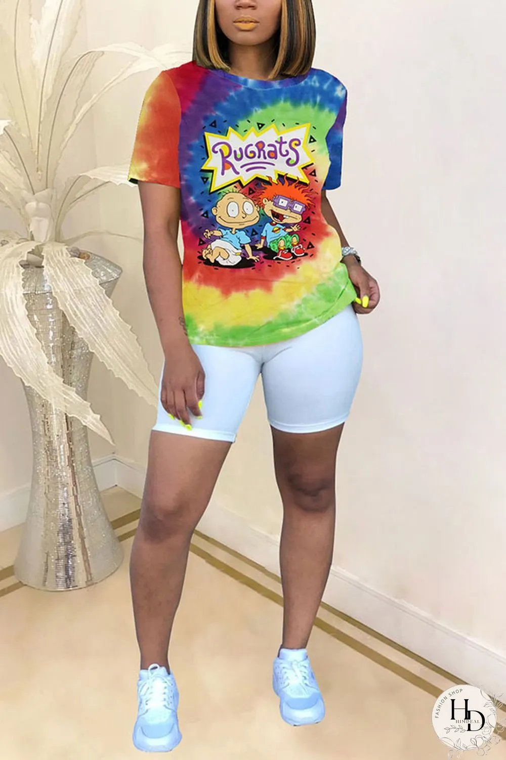 Blue White Blue Orange Yellow colour Polyester O Neck Short Sleeve Patchwork Print Character Tops