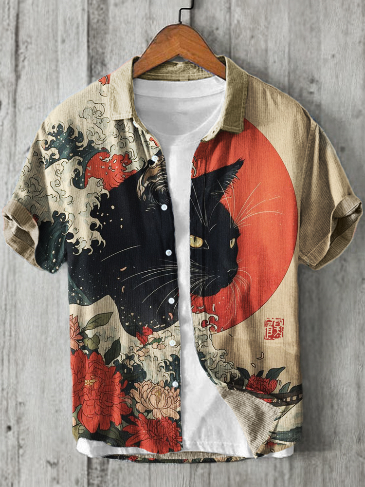 Black Cat Japanese Sea Waves Sunrise Art Linen Shirt