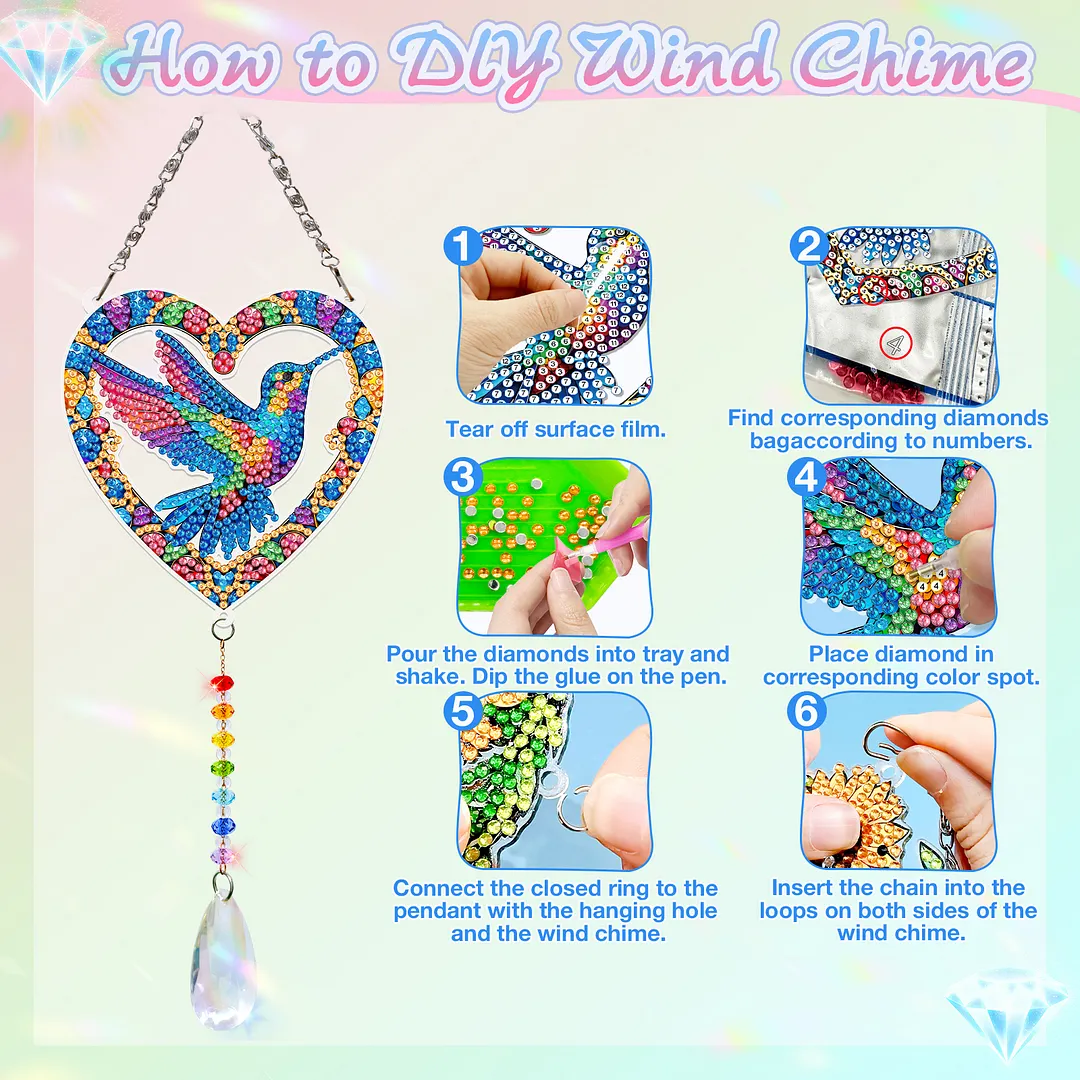 2Pcs Love Hummingbird DIY Acrylic Diamond Painting Art Wind Chimes with Crystal Pendant Diamond Art Hanging Pendant Double-Sided for Adults Beginners Gift Home Garden Decor