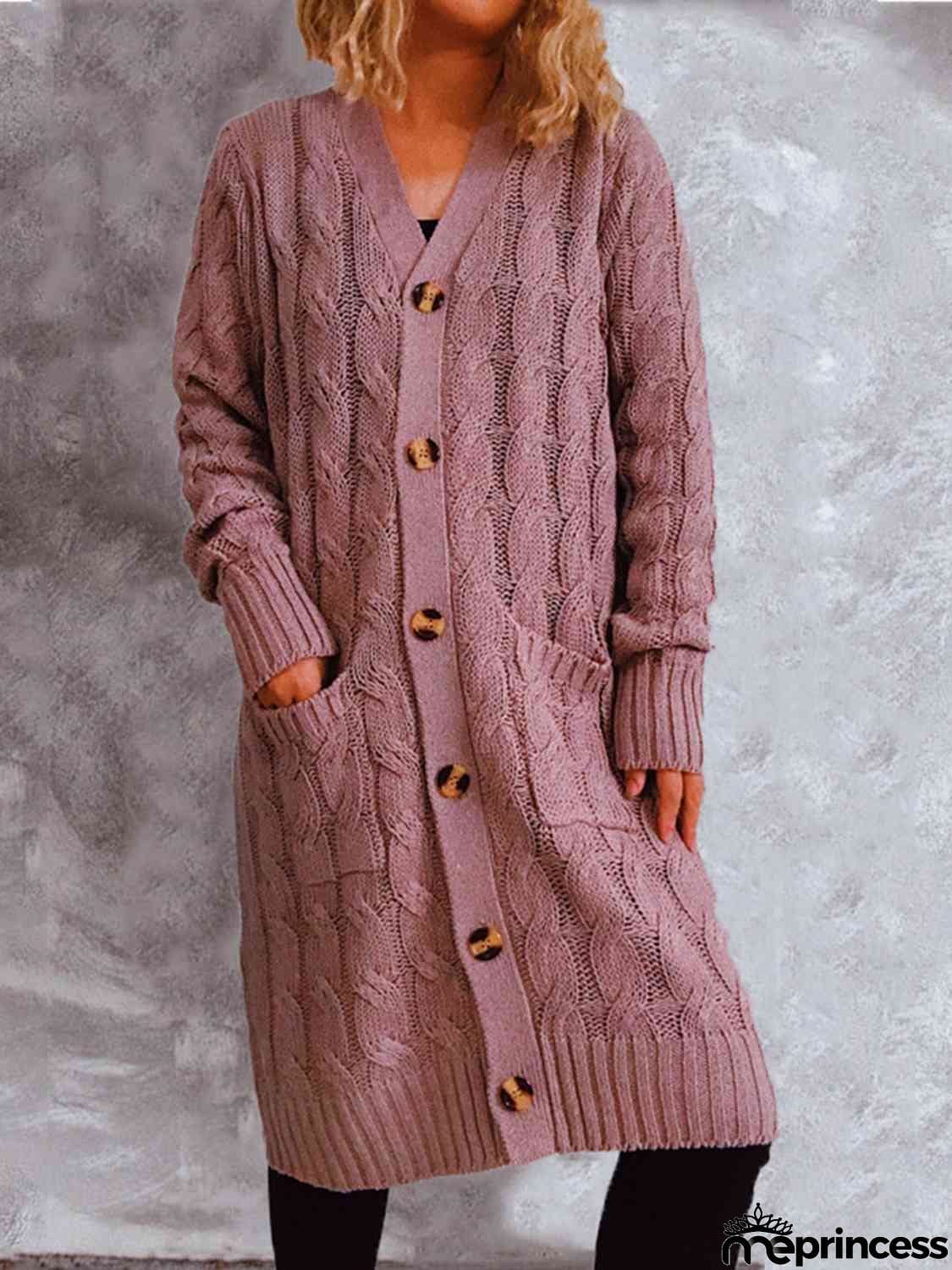 Button Up Cable-Knit Cardigan with Pockets