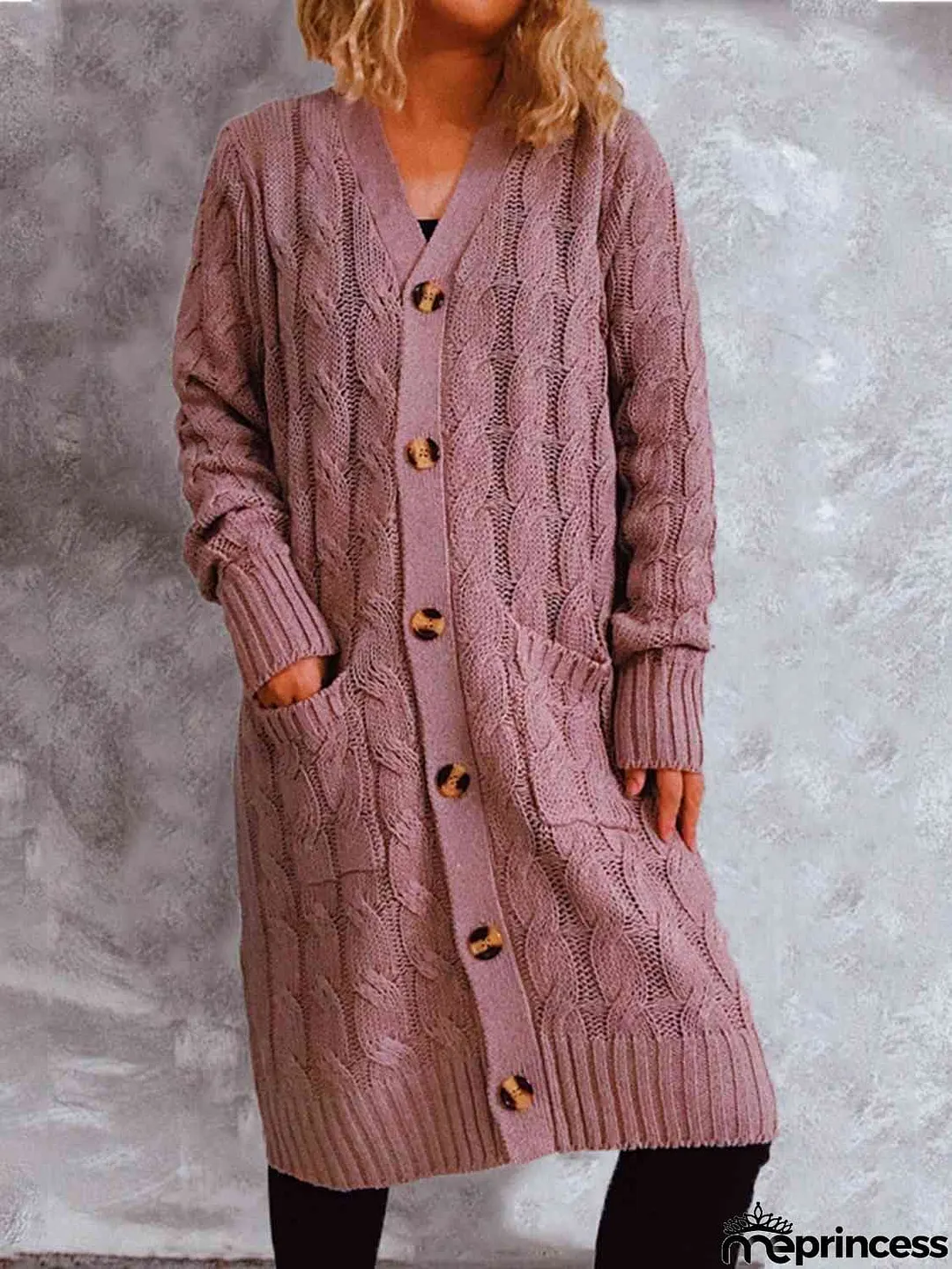 Button Up Cable-Knit Cardigan with Pockets