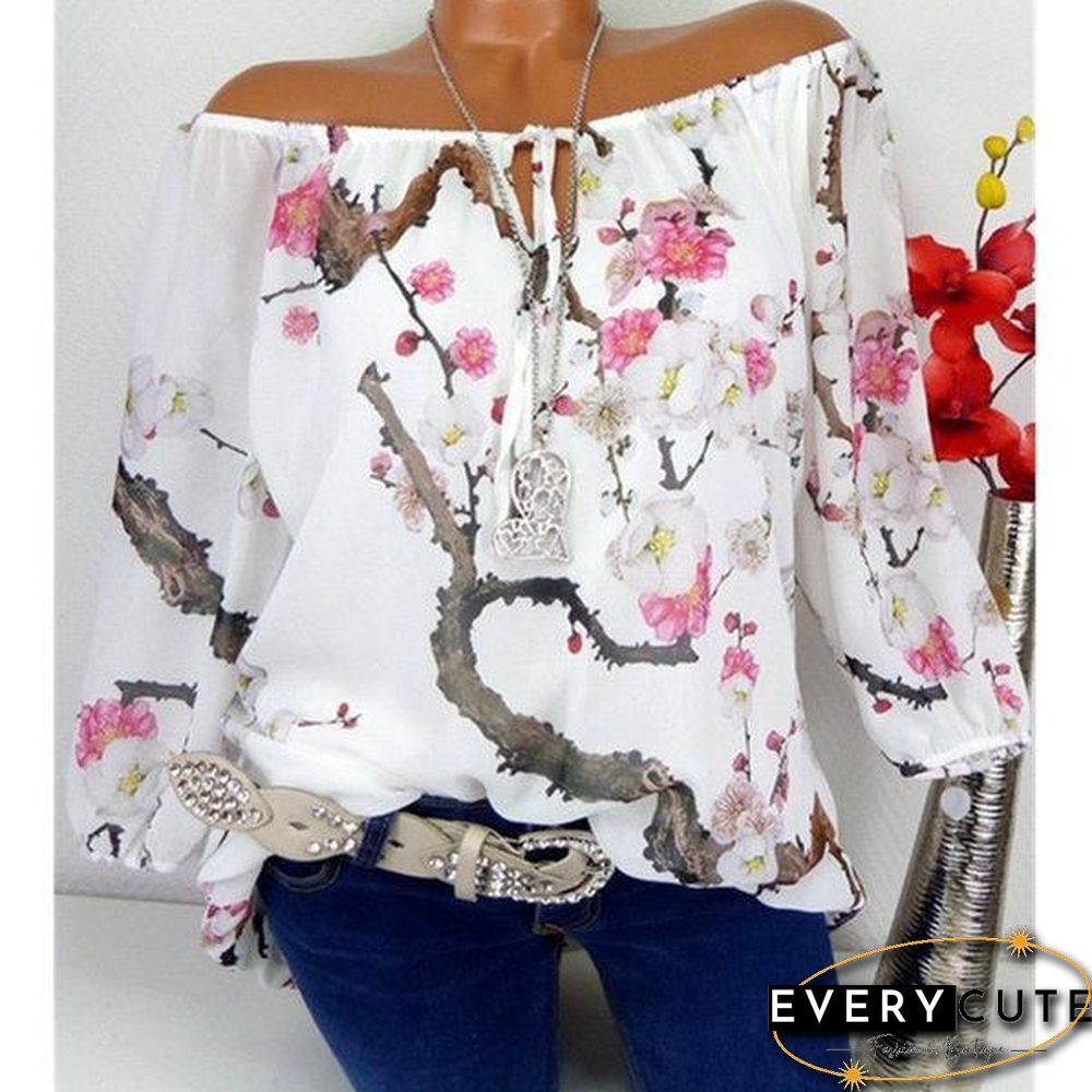 Floral Boat Neckline Long Sleeve Blouses