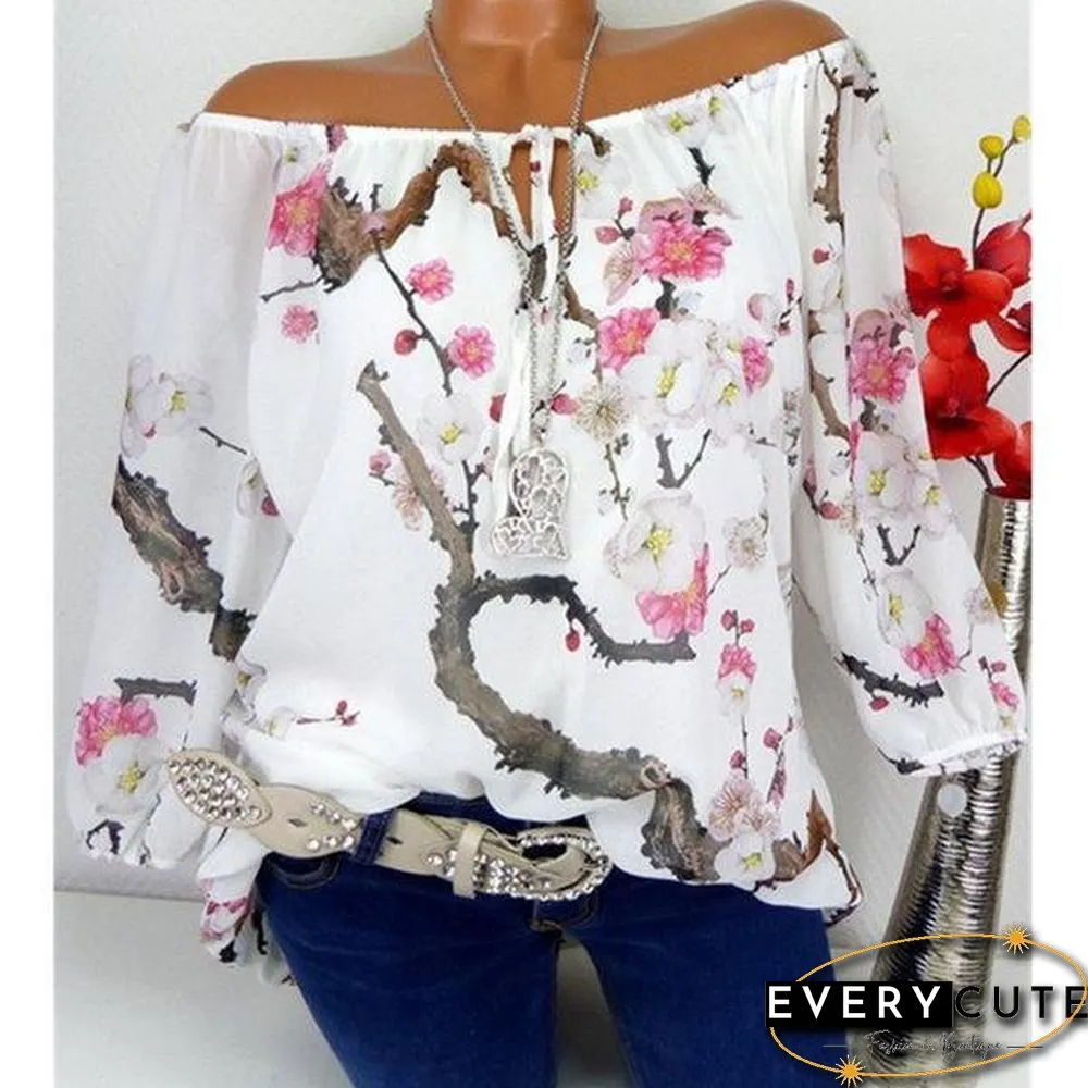 Floral Boat Neckline Long Sleeve Blouses