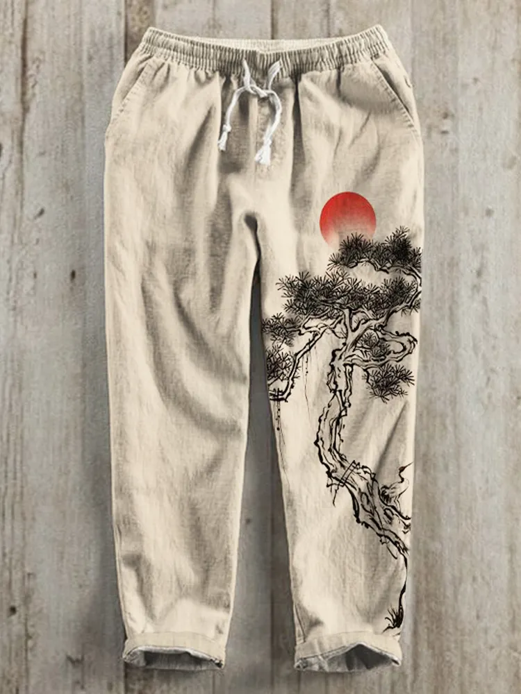 Ink and Pine Japanese Art Print Linen Drawstring Trousers
