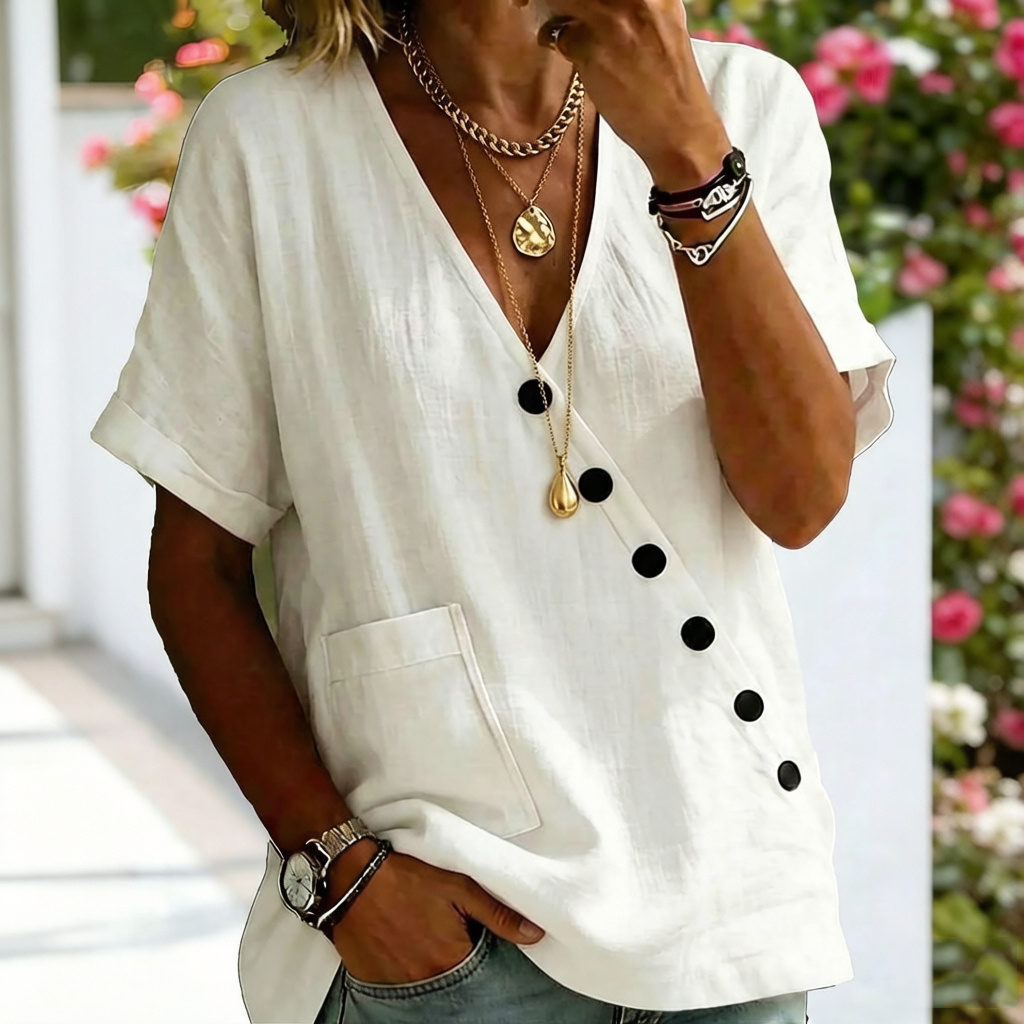 Women's Solid Color V-neck Button Pocket Linen Blend T-shirt elevenforest