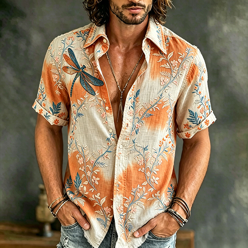 Comstylish Men's Spring Floral And Dragonfly Embroidered Art Print Flowy Linen Blend Short Sleeve Shirt