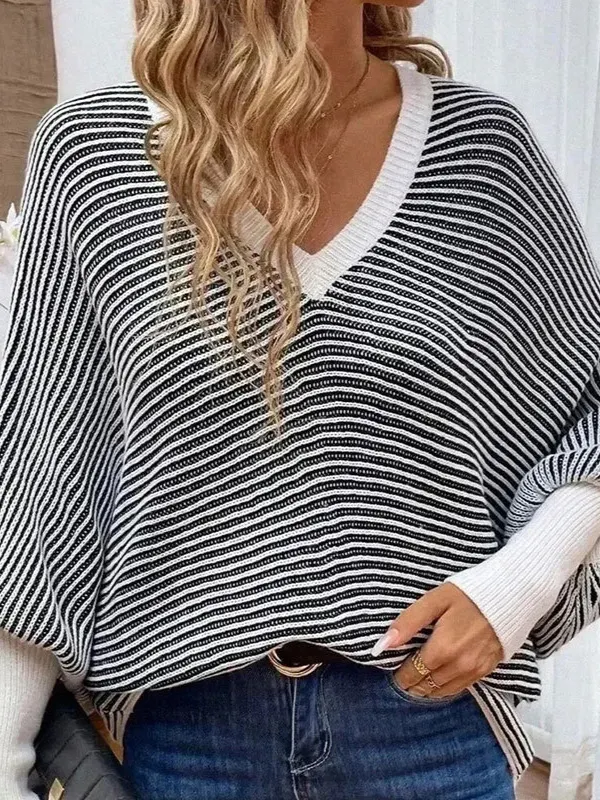 Athvotar Athvotar And Winter New Loose Knitted Stripes V Collar Bat Sleeve Splicing Stuff Sweater Women's Clothing