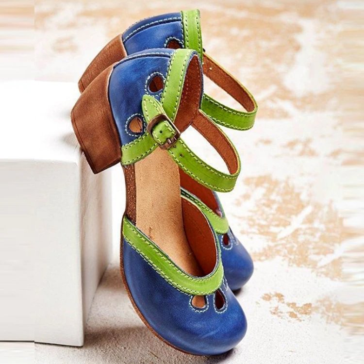 Qengg Buckle Cute Mary Janes Pumps Women Cutout Rome Round Toe Casual Office Comfy Summer High Heels Shoes Chunky Heels Pumps
