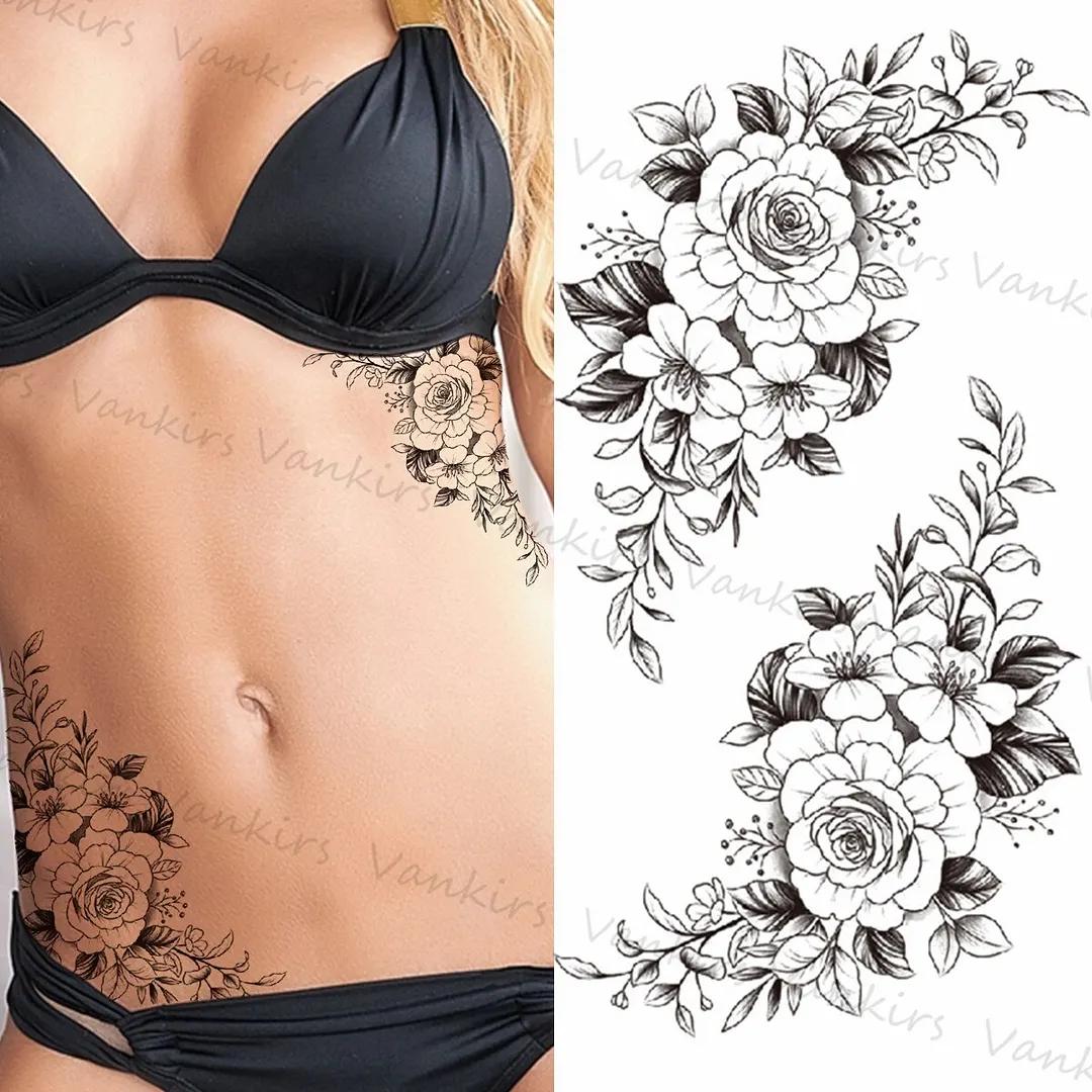 Sdrawing Skeleton Snake Flower Temporary Tattoos For Women Girls Realistic Snake Wolf Tribal Fake Tattoo Sticker Arm Waist Tatoo 3D