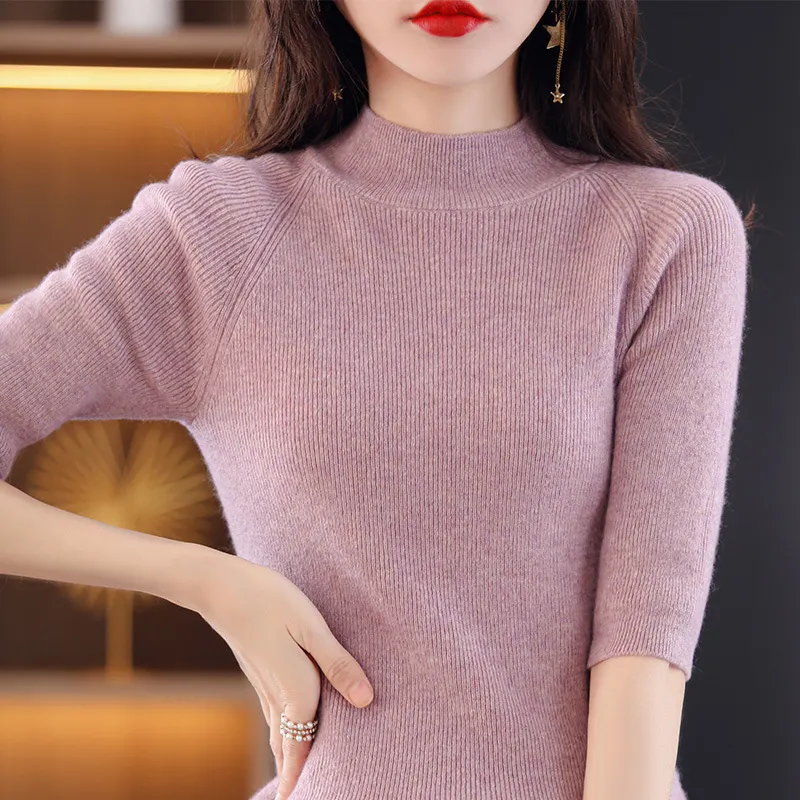 Churchf Churchf Summer Slim Head Five Minute Sleeve Bottom Top New Half High Collar Solid Color Simple Medium Sleeve Sweater Women