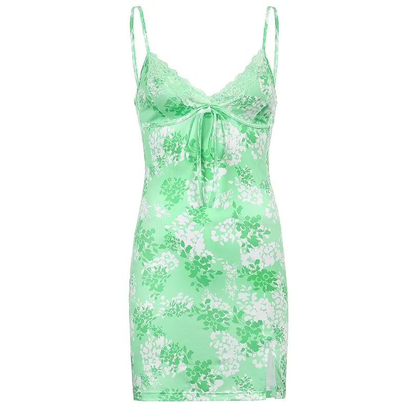 HEYounGIRL V Neck Lace Sleeveless Sexy Mini Dress Women Split Summer Backless Spaghetti Strap Short Dresses Ladies Printed Beach