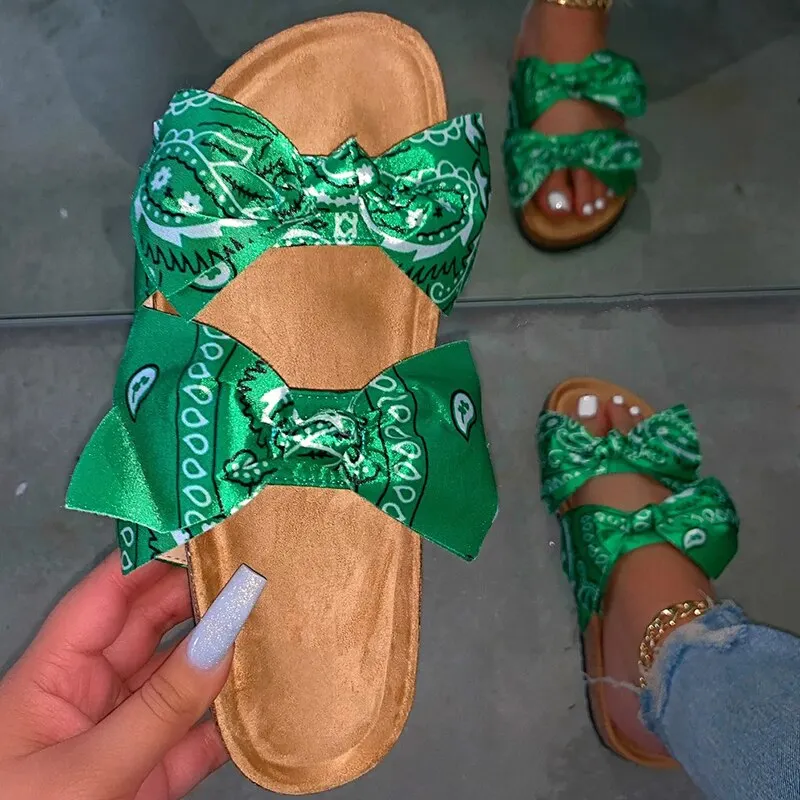 New Summer Women Sandals Silk Bow Flat Shoes Ladies Beach Shoes Slipper Outdoor Fashion Student Home Casual Slippers 35-43