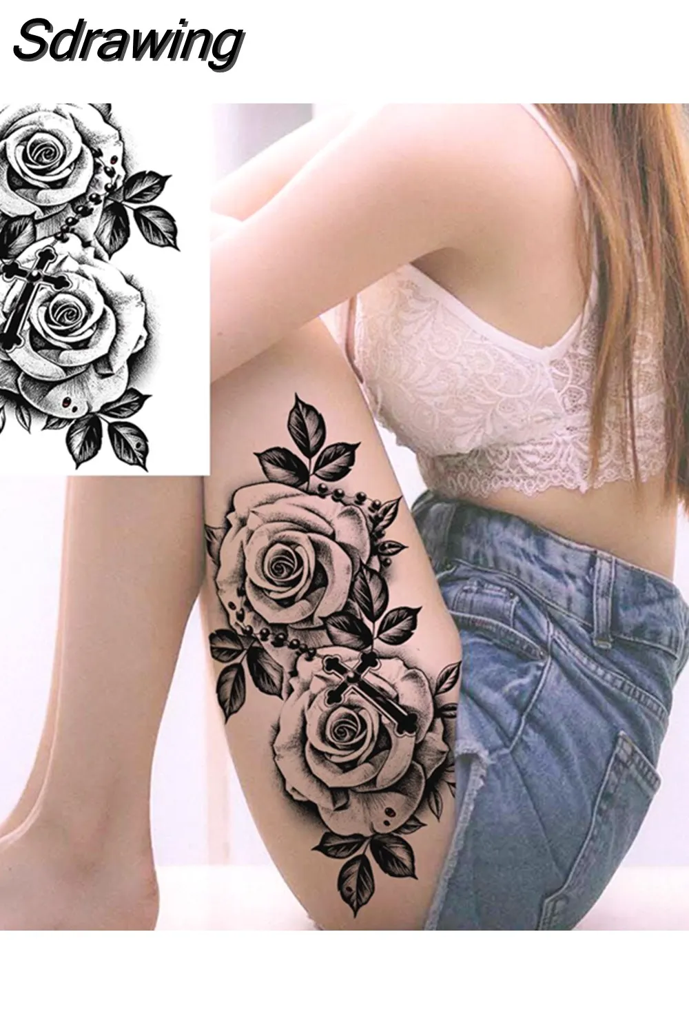 Sdrawing Peony Flower Temporary Tattoos For Women Adults Realistic Compass Moon Pendant Fake Tattoo Sticker Arm Body Tatoos 507-1