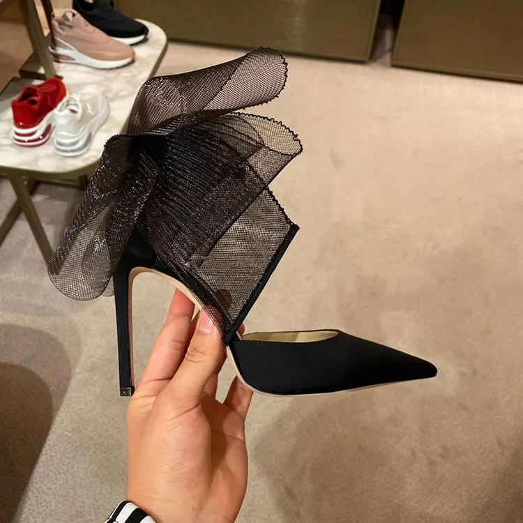 Elegant Single Summer Shoes 2022 Women Elegant Silk Buckle Strap Bowknot Mesh Sandals Pointed Toe Stiletto Heel Marry Jane Shoes