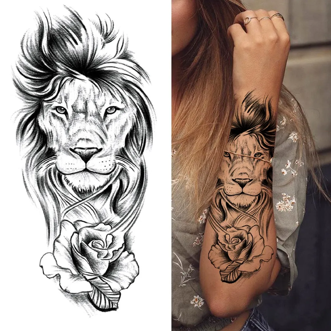 Forest Tiger Temporary Tattoos For Men Women Kids Lion Skull Cross Tattoo Sticker Black Compass Skeleton Tatoos Leg Thigh 1108