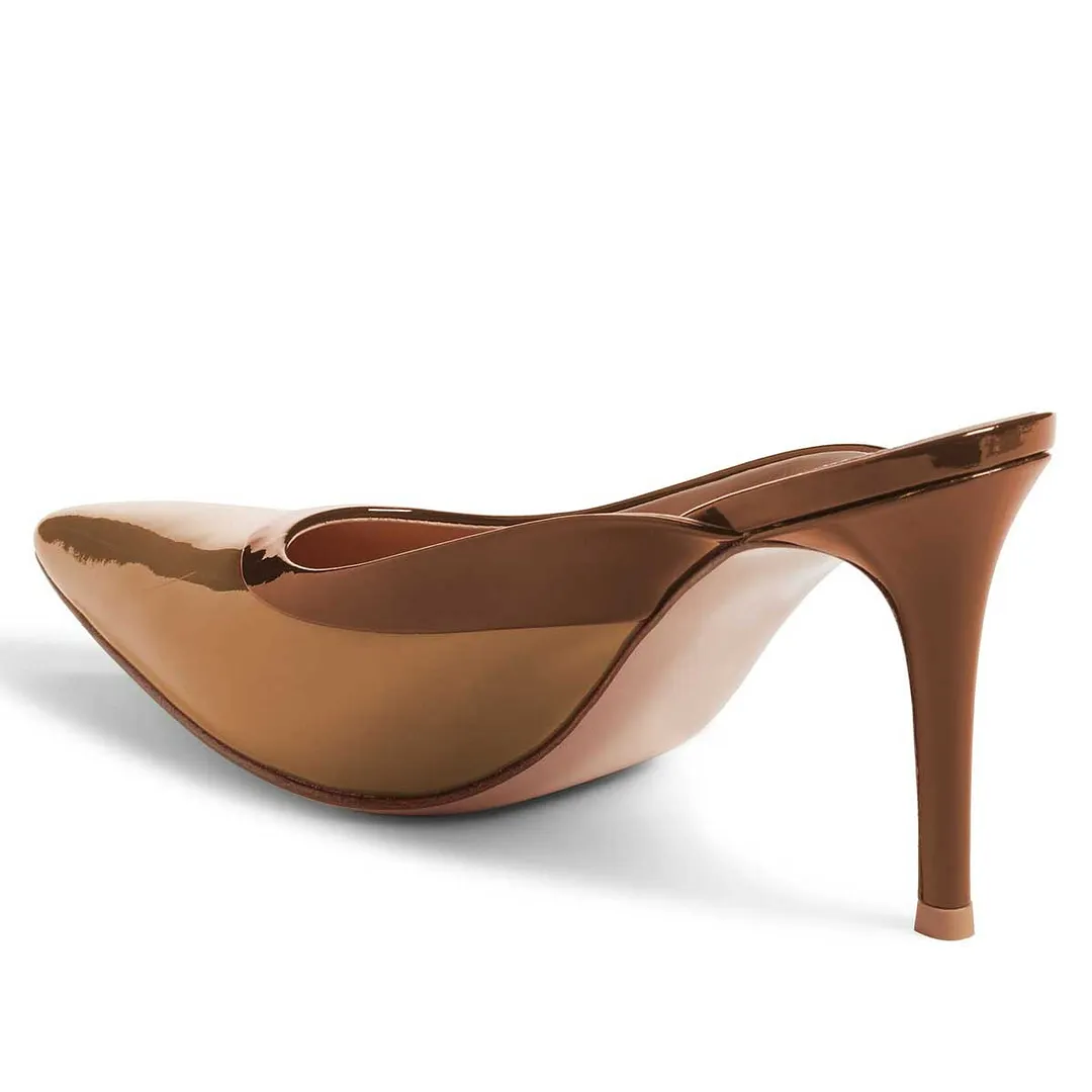 Brown Patent Stiletto Heel Slip-On Mules Shoes with Stiletto Heel