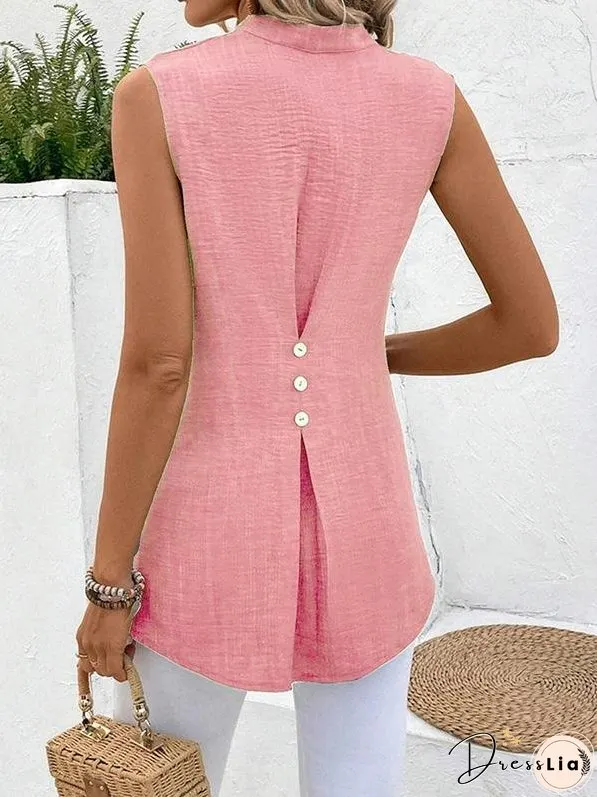 V-neck Sleeveless Solid Button Top