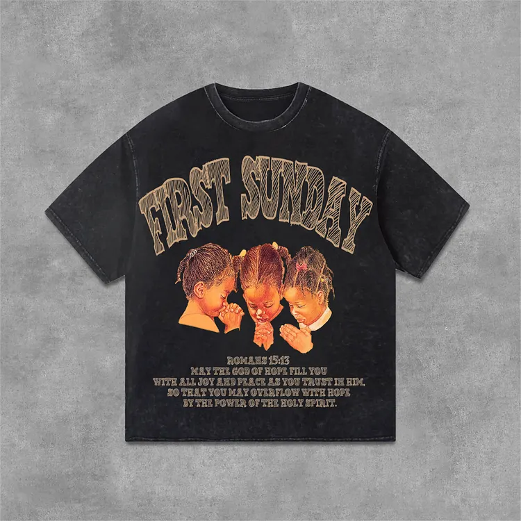 Retro First Sunday Faith Bible Graphic Print Acid Washed T-Shirt