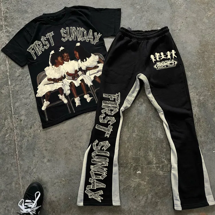 Vintage First Sunday Faith Graphic 100% Cotton Tee & Colorblock Flared Trousers Two Piece Set