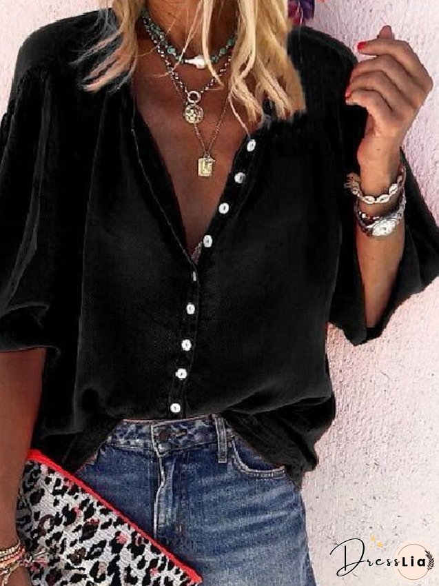 Shirt Blouse Black White Red Solid Colored Long Sleeve Daily V Neck S for Women