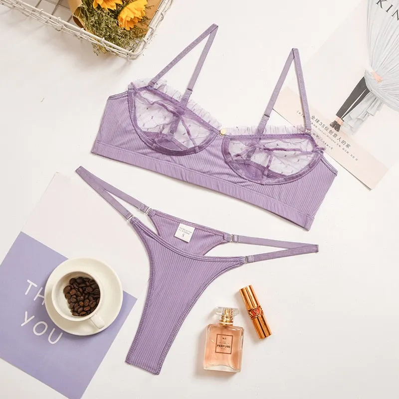 Yimunancy 2-piece Bra Set Women Dot Mesh Bra + Panties 2021 Ladies Black Sexy Lace Lingerie Set