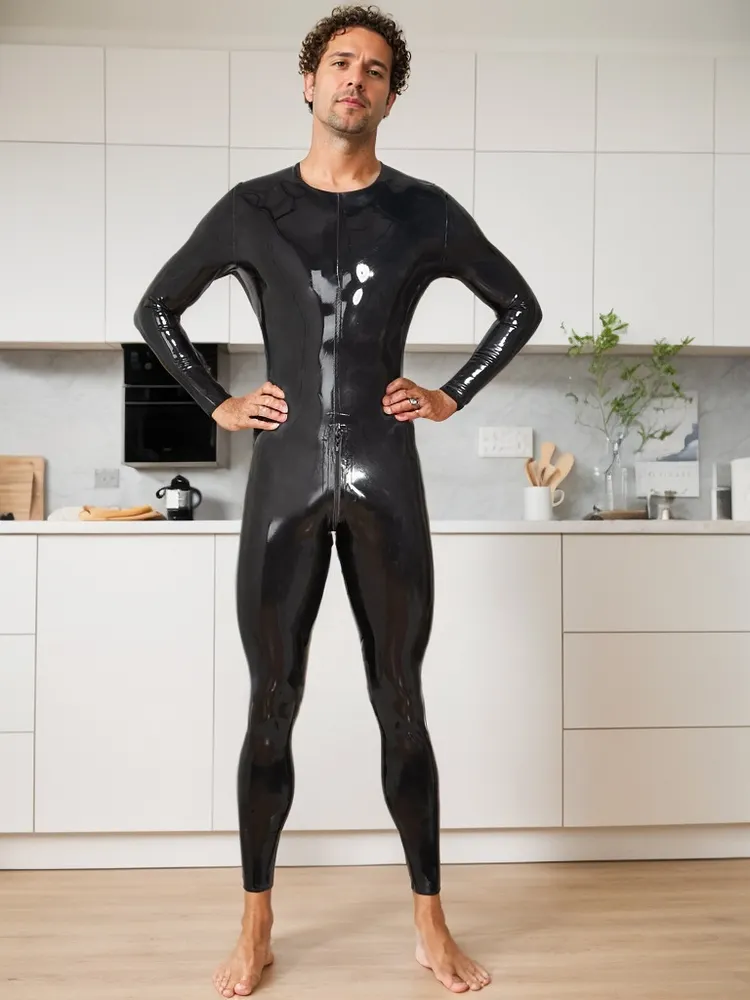 Men Latex Catsuits Black Front Zipper