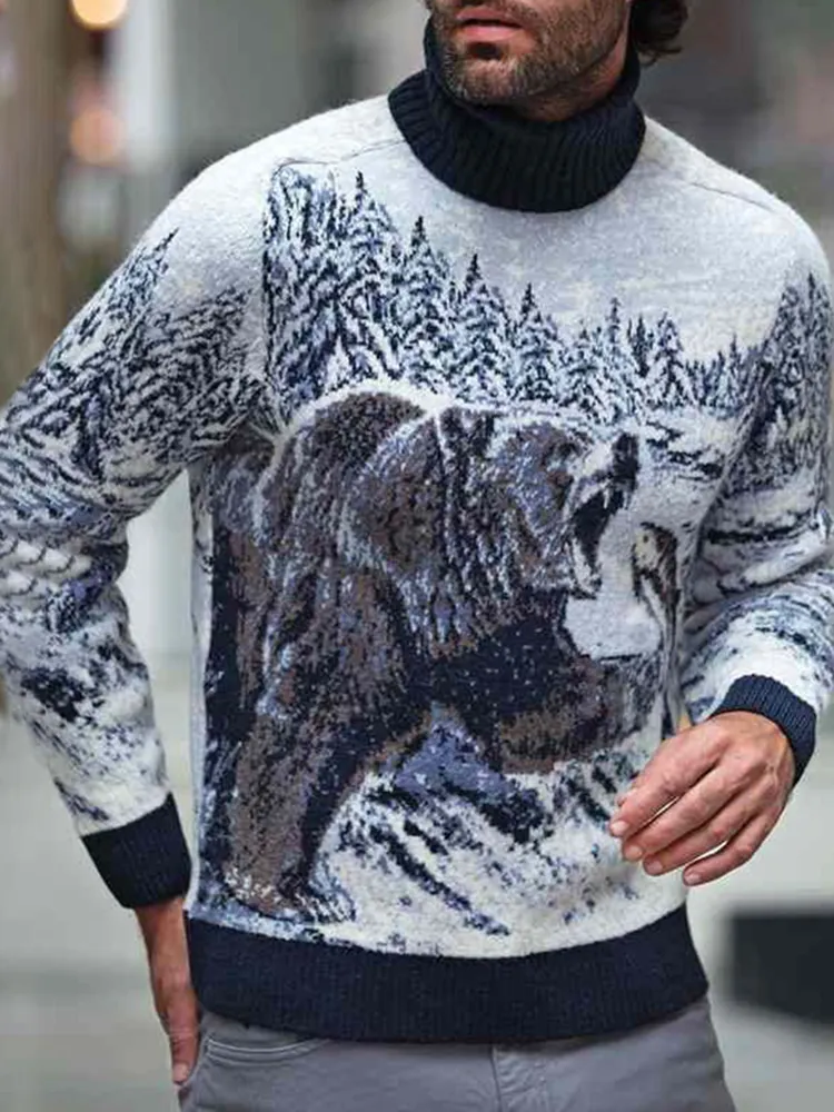 Vintage Warm Knitted Animal Jacquard Turtleneck Sweater