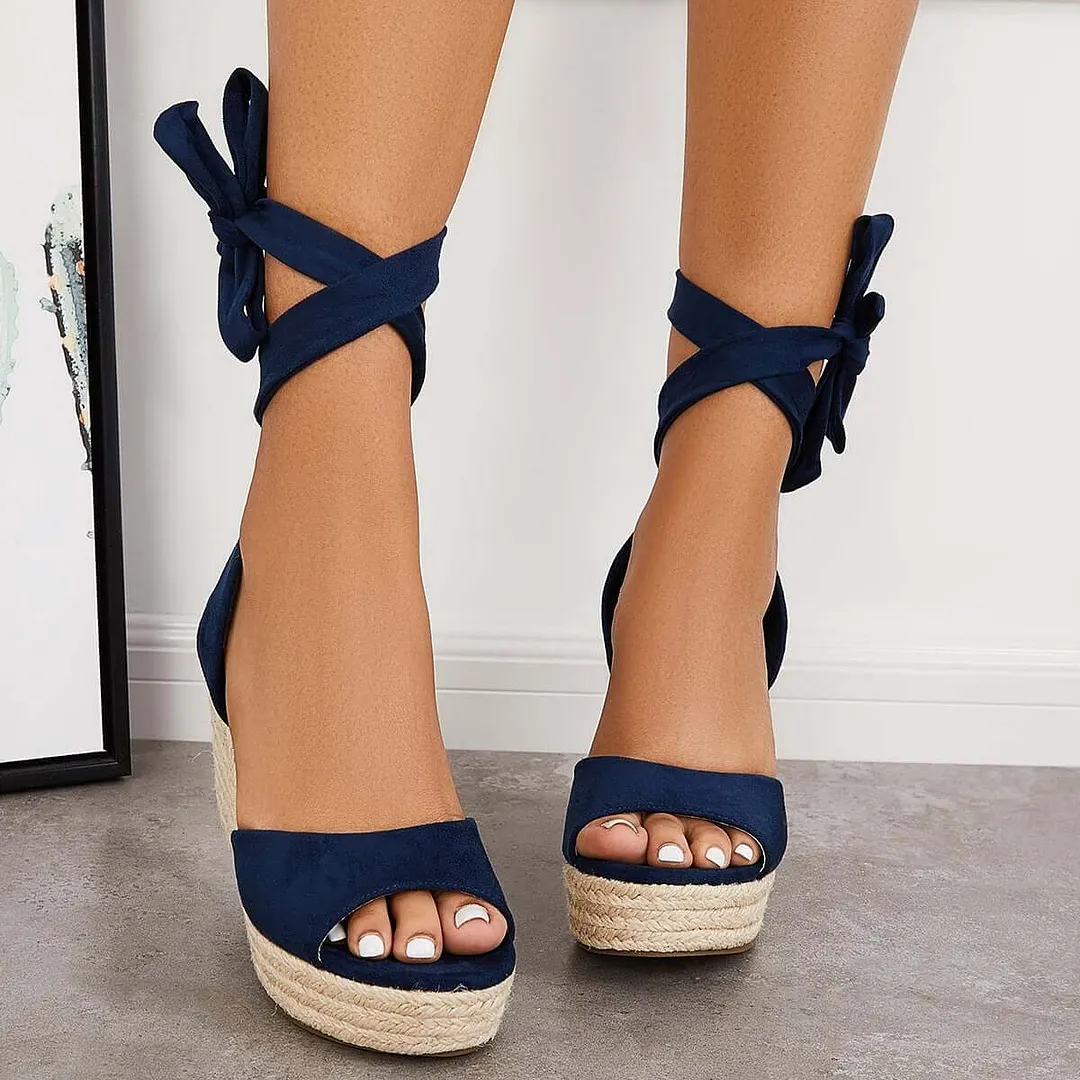 Lace up Espadrille Heel Platform Wedges Ankle Strap Sandals
