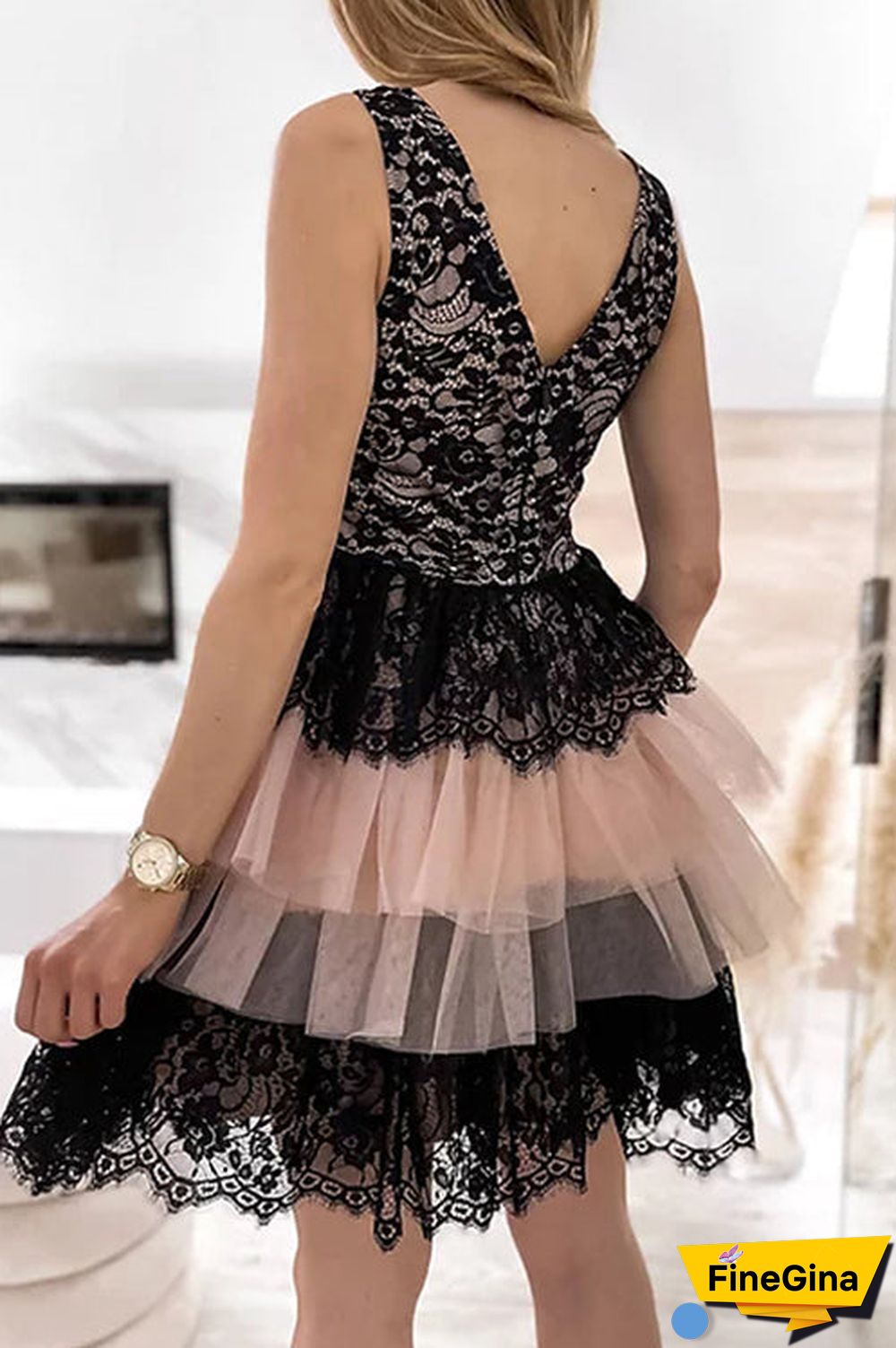 Lace Mesh V Neck Tank Cake Dress