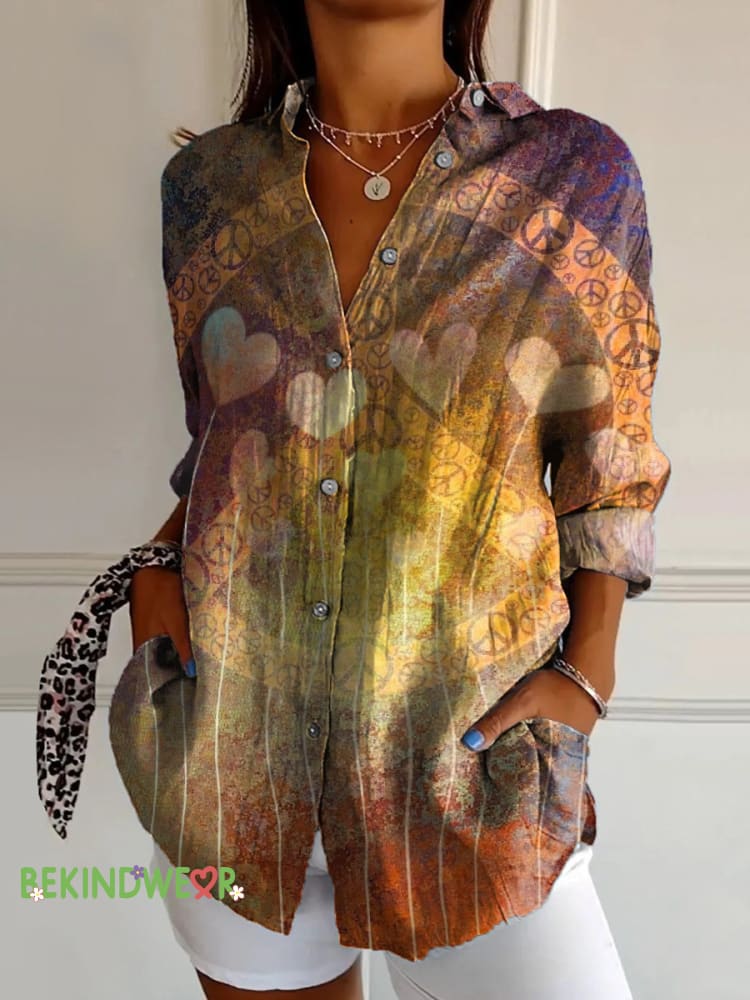 Love Peace Gradient Print Casual Cotton Shirt Multicolor / S