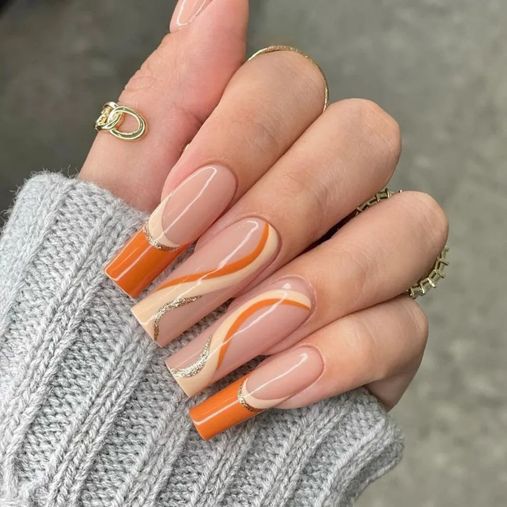 Detachable Marble Gradient Long Coffin False Nails Wearable Gold Foil Ballerina Fake Nails Full Cover Nail Tips Press On Nails