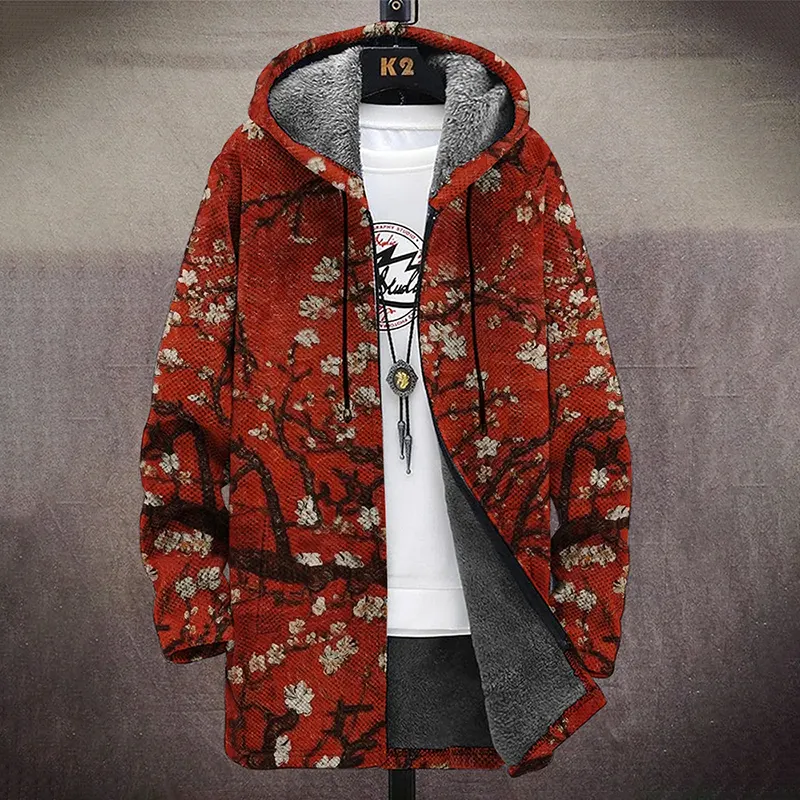 Men's Plum Bossom Print Hooded Two-Pocket Fleece Cardigan Jacket